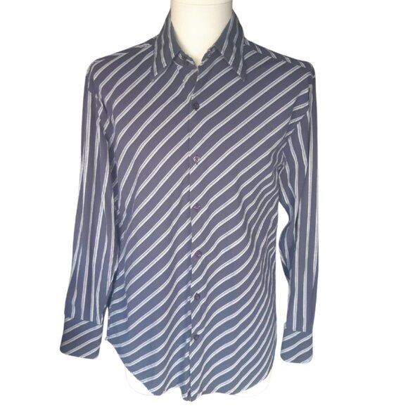 Victor Emmanuel SZ M 100% Cotton Men's Diagonal Navy Striped Button Up Shirt - Picture 1 of 13